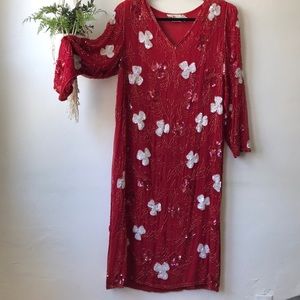Red floral vintage sequin dress
